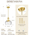JAZAVA 10-Inch Brushed Gold Pendant Light dimensions showing brushed gold finish and hammered glass shade for adjustable height.