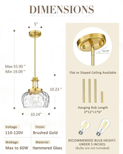 JAZAVA 10-Inch Brushed Gold Pendant Light dimensions showing brushed gold finish and hammered glass shade for adjustable height.