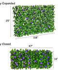 Expandable Fence Privacy Screen For Balcony And Patio Outdoor With Decorative Faux Ivy Fencing Panel And Artificial Hedges In A Natural Willow Look With Purple Flower in expanded and closed views showing dimensions.