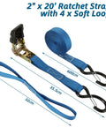 Heavy Duty Ratchet Tie Down Straps 2 Inch By 33 Feet, 10,000 Lbs Break Strength, blue straps with hooks and measurements