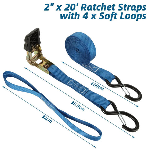 Heavy Duty Ratchet Tie Down Straps 2 Inch By 33 Feet, 10,000 Lbs Break Strength, blue straps with hooks and measurements