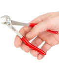 Hand holding Five Inch Angle Nose Slip Joint Pliers with Half Inch Jaw, Three Position Adjustments, red slim non-slip grips.