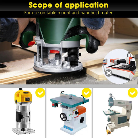 Four Piece Flush Trim Router Bit Set With One Quarter Inch Shank And Top Bearing Great For Woodworking And Home DIY Projects Pro Grade Durable Micro Grain Tungsten Carbide Bits For Clean Cuts Sharp Edges And Precise Lettering In Yellow, shown with routers and table setup for use.