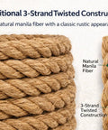 Close-up of Natural Manila Rope 3 Strand Twisted Fiber, showing classic rustic appearance, 3/4 in x 200 ft for railings and crafts.