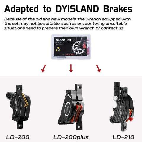 All Hydraulic Disc Brake Bleed Kit With Mineral Oil Gloves Syringes And Installation Tools For Quick Pro Grade Bleed Of Your Hydraulic Brakes On Any Caliper displayed with LD-200, LD-200plus, and LD-210 calipers.