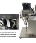 Industrial Grade Semi Automatic Powder Filler Machine For Sugar Coffee Feed Packing Straight Up Precision Filling Speed Durable Stainless Steel Construction With Built In Mixer showing the stirrer for better material filling.