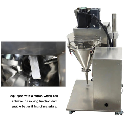 Industrial Grade Semi Automatic Powder Filler Machine For Sugar Coffee Feed Packing Straight Up Precision Filling Speed Durable Stainless Steel Construction With Built In Mixer showing the stirrer for better material filling.