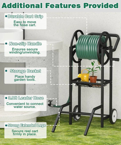 Two Wheel Hose Reel Cart Heavy Duty Powder Coated Steel Backyard Outdoor Water Hose Holder with basket and leader hose