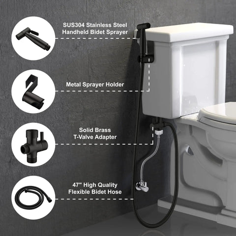 Matte Black Handheld Bidet Sprayer Kit For Toilet With Stainless Steel Sprayer Head, 47 Inch Hose, Brass 7/8 Inch T Valve, Holder
