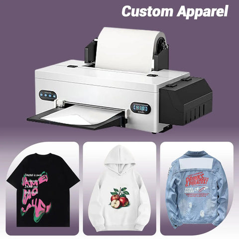 DTF Transfer Film Roll 13x328ft Double Sided Matte Clear PET Heat Transfer Paper Direct To Film For Bulk Printing Custom Tees Party Cups Holiday DIY Gifts in use with printer and apparel samples