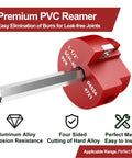 PVC Pipe Reamer And Fitting Saver With One And A Half Inch Aluminum Head And Three Eighth Inch Hex Shaft Plumbing Tool For PVC Schedule Forty ABS CPVC Lines No More Size Mismatch Burr Free Fitting Preparation, featured with labels and features.