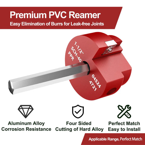 PVC Pipe Reamer And Fitting Saver With One And A Half Inch Aluminum Head And Three Eighth Inch Hex Shaft Plumbing Tool For PVC Schedule Forty ABS CPVC Lines No More Size Mismatch Burr Free Fitting Preparation, featured with labels and features.