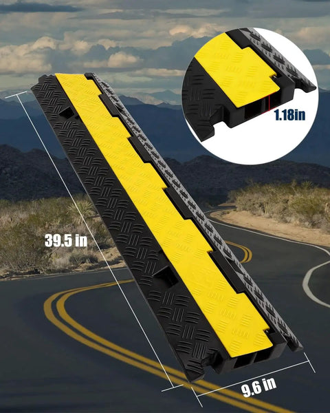 Three Pack 2 Channel Cable Protector Ramps BeefedUp Built Tough For 11000 Lbs Per Axle in yellow and black on road