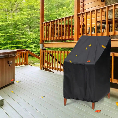 Outdoor Chair Covers 2 Pack Waterproof Black Polyester Blend Fits 25W x 25D x 47H Inches Stackable Dining Chairs Protects 4 to 6 Chairs Weatherproof Patio Furniture Covers for All Seasons covering stacked chairs on a wooden deck