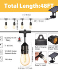 Diagram of Solar Outdoor String Lights 48 Ft LED With 15 Hanging Sockets Waterproof Shatterproof Pergola Lights With Light Sensor S14 Edison Bulbs
