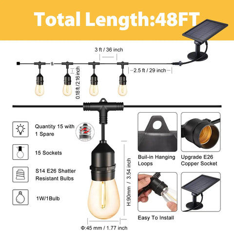 Diagram of Solar Outdoor String Lights 48 Ft LED With 15 Hanging Sockets Waterproof Shatterproof Pergola Lights With Light Sensor S14 Edison Bulbs