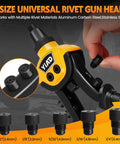 Two Handed Heavy Duty Rivet Gun Kit With 250 Blind Rivets And Five Free Interchangeable Heads 1/4 In 3/16 In 1/8 In 3/32 In Pop Riveter For Metal Auto Gutters Projects with interchangeable heads shown