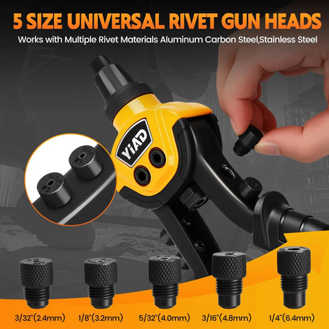 Two Handed Heavy Duty Rivet Gun Kit With 250 Blind Rivets And Five Free Interchangeable Heads 1/4 In 3/16 In 1/8 In 3/32 In Pop Riveter For Metal Auto Gutters Projects with interchangeable heads shown