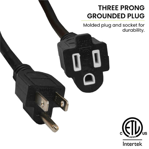 Close-up of 100 Ft Outdoor Extension Cord 14/3 SJTW Black Contractor Grade Weather Resistant Durable Not For EV Chargers Heavy Duty