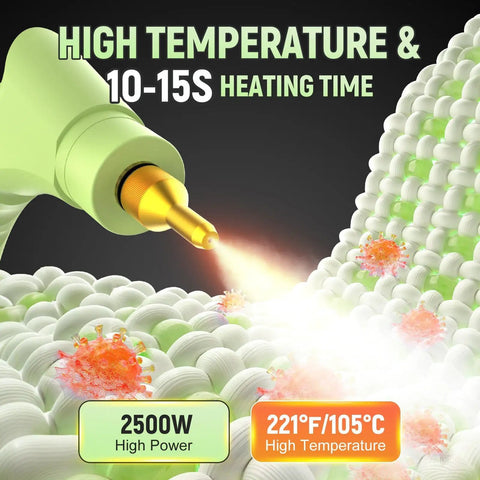 Heavy Duty Handheld Steam Cleaner With 2500W Rapid Heat And Hella Powerful Vapor Jets For No Sweat Home And Car Cleaning Big Water Tank Gets The Job Done Tight On Tile Wood And Carpet Floors close-up of steam nozzle demonstrating high temperature vapor output.