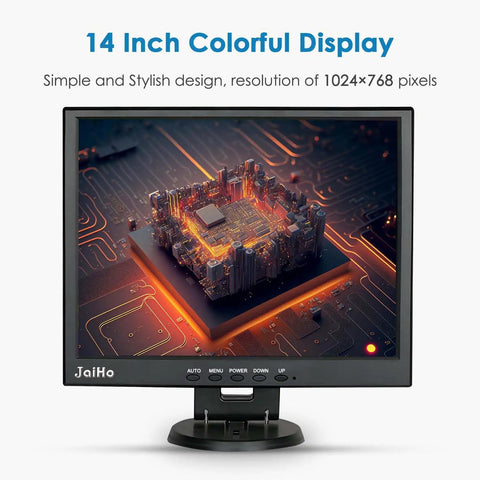 14-Inch 4:3 Security Monitor With No Image Stretching, Tough Metal Housing, Native 1024x768 Display, futuristic graphic on screen
