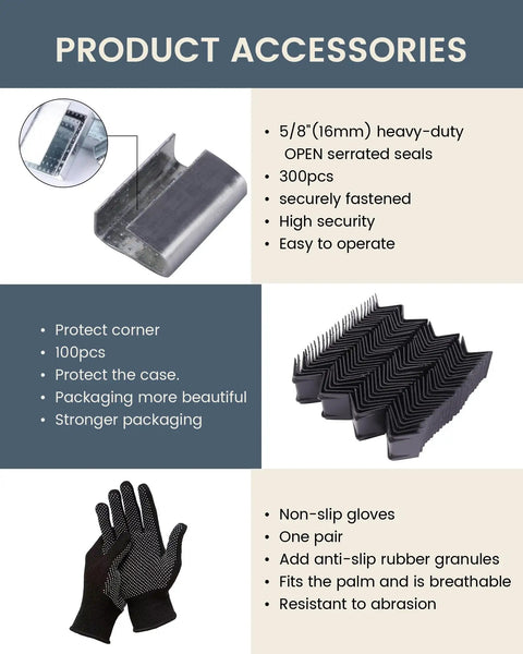 Heavy Duty Pet Strapping Kit With 1000 Foot Rolls And Tough Hand Tensioner Boasts Slick Pull Out Box accessories details, seals and gloves.