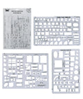 Slick 3 Piece Interior Design And House Plan Template Set Featuring Professional Furniture Layout Kitchen Bedroom Bathroom Grids And Scale Ruler For No Fuss Diy Room Mapping showing templates for furniture, kitchen, and house plans.
