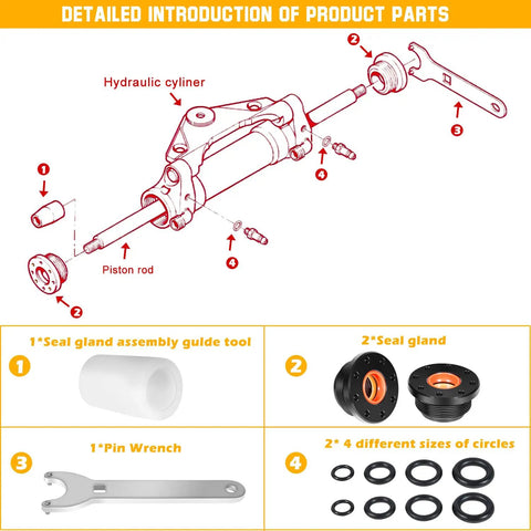 Hydraulic Steering Cylinder Seal Kit With Pin Wrench HS5157 illustration showing seal gland, guide tool, and components.