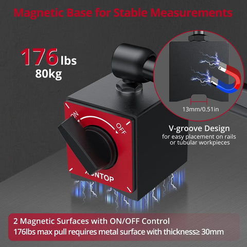Pro Grade Dial Indicator With Magnetic Base 176 Lbs 80 Kg 1 Inch 0.001 Inch Imperial Dial Test Gauge Set With Storage Case For Lathe 3D Printer CNC Car Workshop magnetic base with V-groove and ON/OFF control