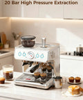 Game Changing 20 Bar Espresso Coffee Maker With Integrated Conical Burr Grinder And Automatic Milk Frother, showing coffee shots and grinder.