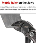 Close-up of 10-inch angle nose push button adjustable pliers wrench with metric ruler for Two Piece Pliers Set Featuring 10 Inch Angle Nose Push Button Adjustable Pliers Wrench, Quick Jaw Adjustments, Domed Button And Four Teeth Tongue Groove Track, Durable Hand Tools For Home Garage And DIY Projects.