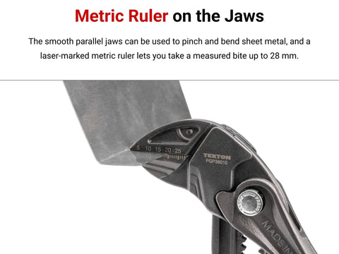Close-up of 10-inch angle nose push button adjustable pliers wrench with metric ruler for Two Piece Pliers Set Featuring 10 Inch Angle Nose Push Button Adjustable Pliers Wrench, Quick Jaw Adjustments, Domed Button And Four Teeth Tongue Groove Track, Durable Hand Tools For Home Garage And DIY Projects.