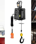 Heavy Duty 2200 lb Electric Hoist With Remotes, Portable Power Winch Crane For Garage And Workshop, 110V Motor, 25 Ft Lifting Height, Black, Easy Installation For DIY Projects, overhead display with remote control and hook.
