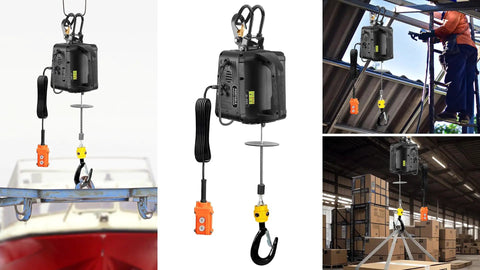 Heavy Duty 2200 lb Electric Hoist With Remotes, Portable Power Winch Crane For Garage And Workshop, 110V Motor, 25 Ft Lifting Height, Black, Easy Installation For DIY Projects, overhead display with remote control and hook.