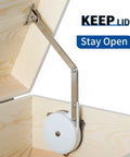 Lid Stay Hinge With Soft Close Safety Lid Support for toy boxes and kitchen cabinets, shown installed holding lid open.