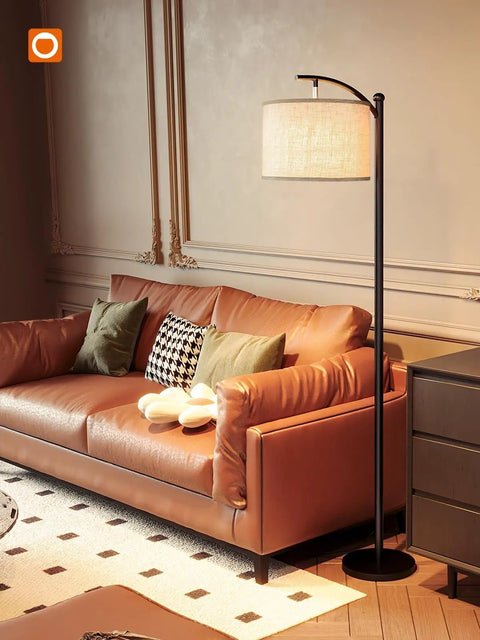Floor Lamp With 3 Color Temperatures 3000K 4500K 6500K, Linen Lampshade, 9W LED Bulb Included beside brown leather sofa