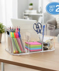 Straight Up The Best Five Compartment Makeup Storage Organizer Set Of Two Clear BPA Free Plastic Vanity Caddy With Pass Through Handles Round Corners on desk with office supplies.
