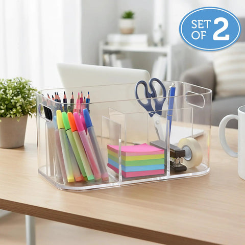 Straight Up The Best Five Compartment Makeup Storage Organizer Set Of Two Clear BPA Free Plastic Vanity Caddy With Pass Through Handles Round Corners on desk with office supplies.