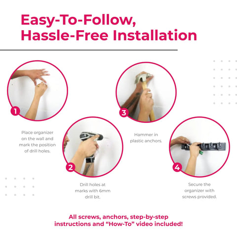 Installation guide for Mop And Broom Wall Mount Organizer with 11 storage spots, 5 slots, and 6 hooks, showing mounting steps.