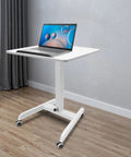 Heavy Duty Rolling Upright Desk With Adjustable Height Gas Lift And Secure Tilting Top Tray For Your Smooth Operator Home Office Or Classroom Workspace with white frame and laptop.
