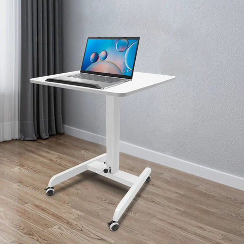 Heavy Duty Rolling Upright Desk With Adjustable Height Gas Lift And Secure Tilting Top Tray For Your Smooth Operator Home Office Or Classroom Workspace with white frame and laptop.