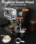 Heavy Duty Stainless Steel Espresso Machine Featuring A Clear Visual Pressure Gauge And A Mighty Twenty Bar Pump Pulling Straight Fire Shots With Knockout Quality Crema Daily, showcasing steam wand and espresso.