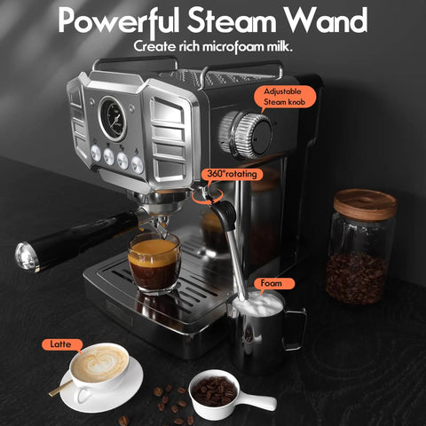 Heavy Duty Stainless Steel Espresso Machine Featuring A Clear Visual Pressure Gauge And A Mighty Twenty Bar Pump Pulling Straight Fire Shots With Knockout Quality Crema Daily, showcasing steam wand and espresso.