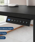 Boss Level L Shaped Electric Standing Desk With Smooth Glide Motors And Three Memory Presets For A Sick Gaming Station Or Remote Work Hub In Sleek Black Finish, showing LED control panel with memory presets.
