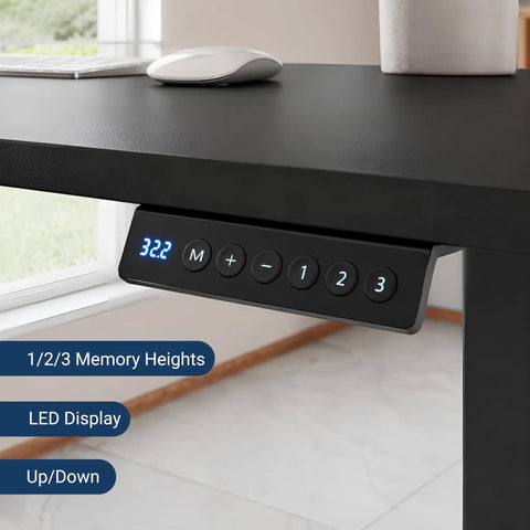 Boss Level L Shaped Electric Standing Desk With Smooth Glide Motors And Three Memory Presets For A Sick Gaming Station Or Remote Work Hub In Sleek Black Finish, showing LED control panel with memory presets.