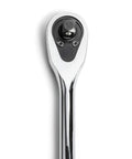 Close-up of the head of a Half Inch Drive 84 Tooth Teardrop Ratchet With 15 Inch Long Handle, Flush On Off Switch, enclosed head
