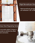 Premium Wood Base And Glass Ice Drip Cold Brew Coffee Maker With Adjustable Stainless Steel Valve showing borosilicate glass and stainless steel regulating valve.
