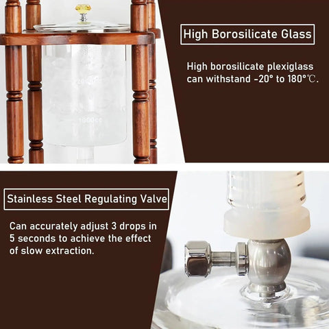 Premium Wood Base And Glass Ice Drip Cold Brew Coffee Maker With Adjustable Stainless Steel Valve showing borosilicate glass and stainless steel regulating valve.