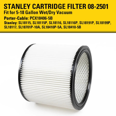 Replacement Vacuum Filter For 5-18 Gallon Wet Dry Shop Vac Easy Install Fits Stanley Models SL18115 SL18116 SL18191P SL18199P
