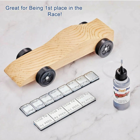 Two Size Pinewood Derby Weights Kit With Twelve Piece Weight Set Including Four Half Ounce And Eight Quarter Ounce Weights And Half Ounce Graphite Lubricant Powder For Derby Wheels And Axles To Boost Car Speed, showing weights, car, graphite bottle.
